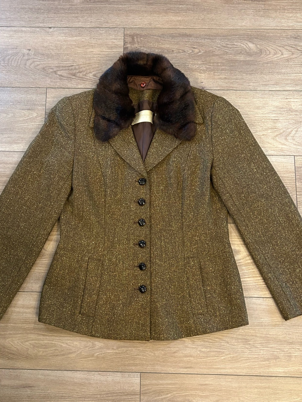 Vintage 90s Dana Buchman Petites Faux Fur Collar Metallic Coat 10P